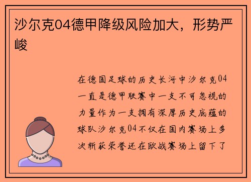 沙尔克04德甲降级风险加大，形势严峻